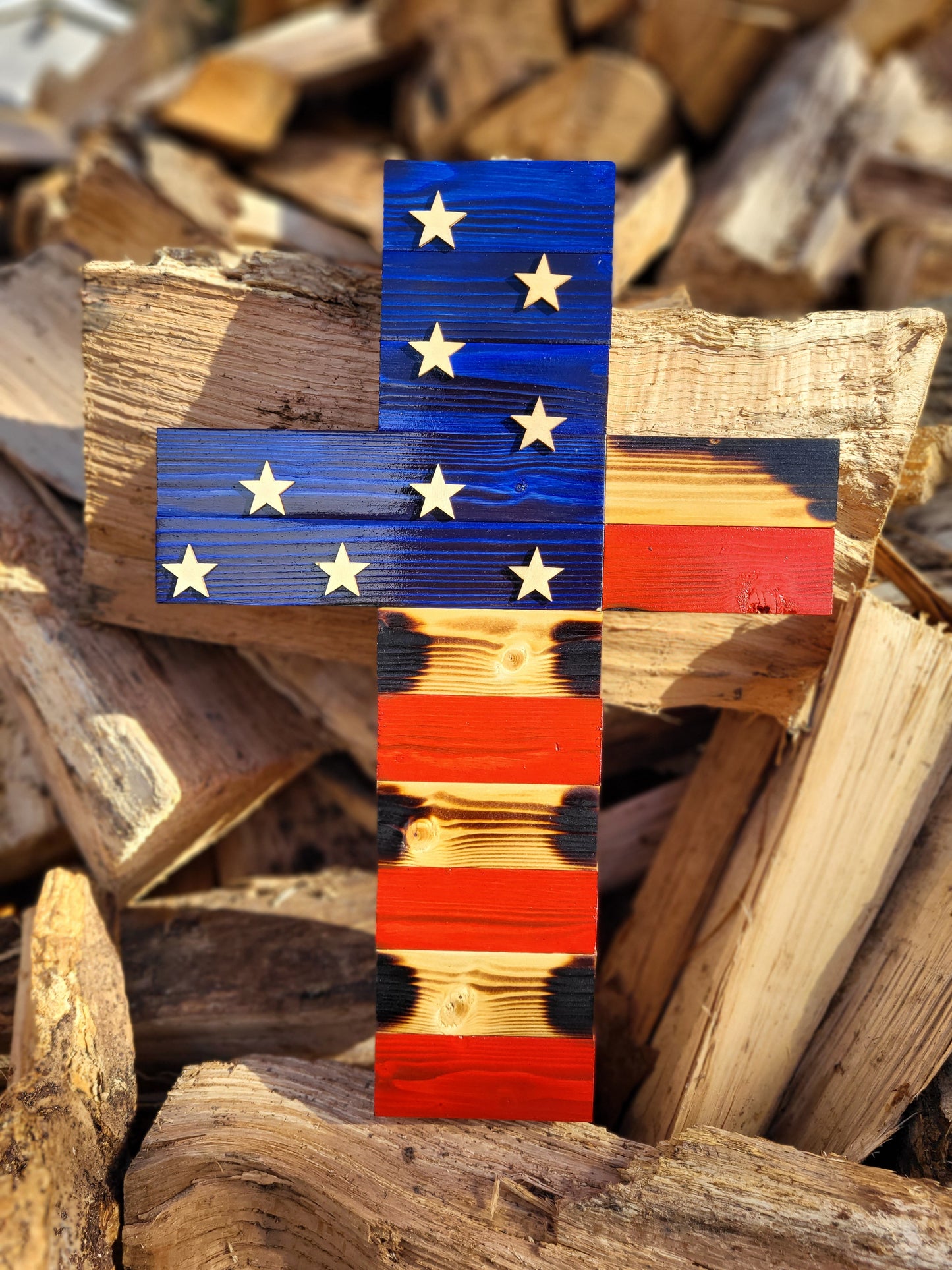 Handcrafted Rustic American Flag Cross